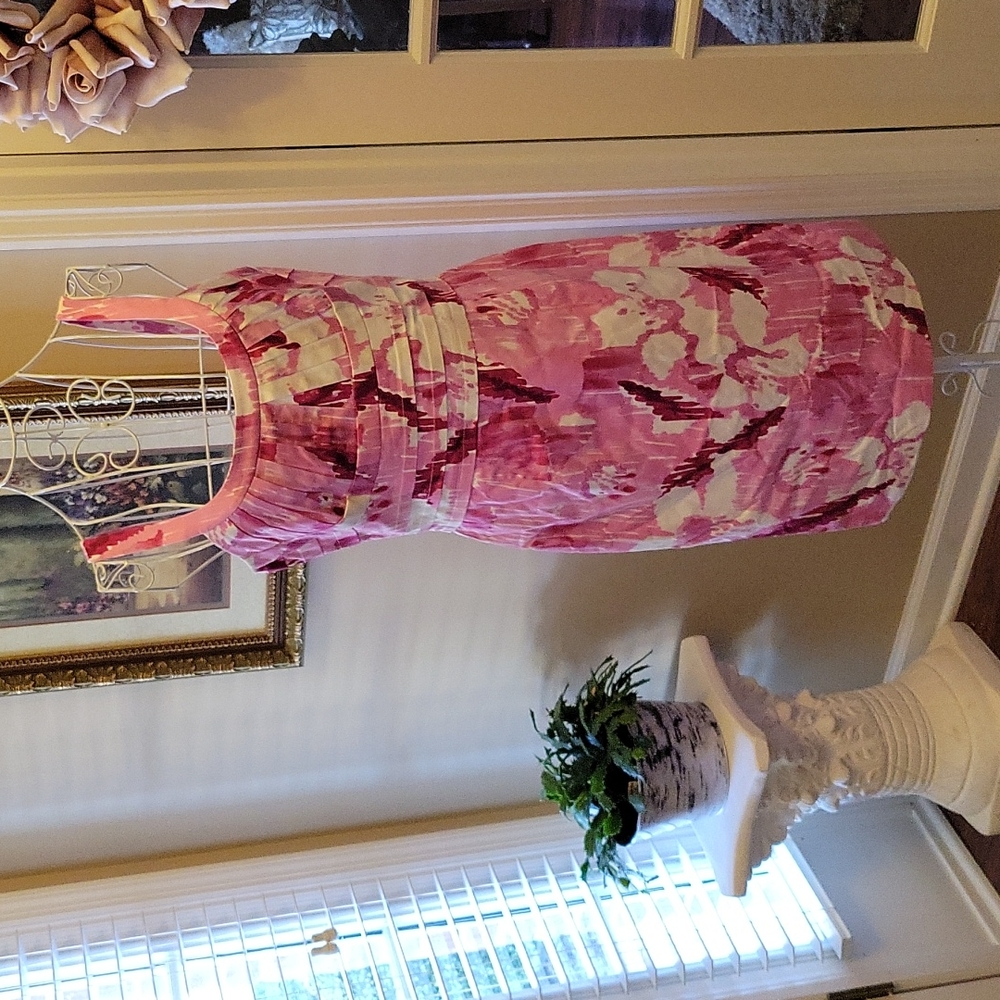 Calvin Klein pink white rose pleated bodice dress with straps Lined size 10 EUC…